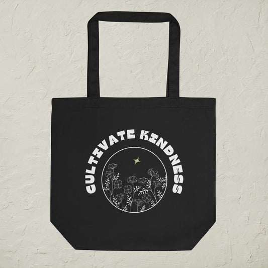 Cultivate Kindness Organic Cotton Tote Bag- Reusable Shopping Bag, Natural/Black, Large