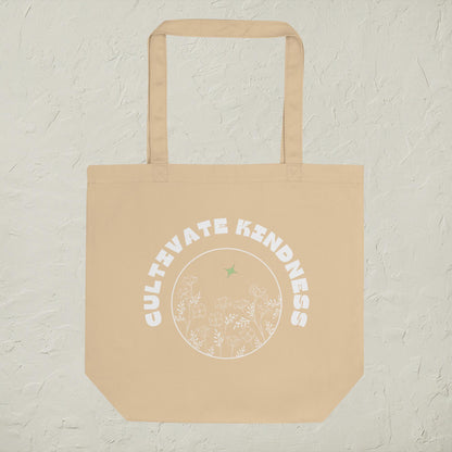 Cultivate Kindness Organic Cotton Tote Bag- Reusable Shopping Bag, Natural/Black, Large