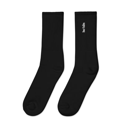 [pronouns] He/Him Embroidered White Socks - Sizes S, M, L, XL