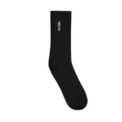 [pronouns] He/Him Embroidered White Socks - Sizes S, M, L, XL