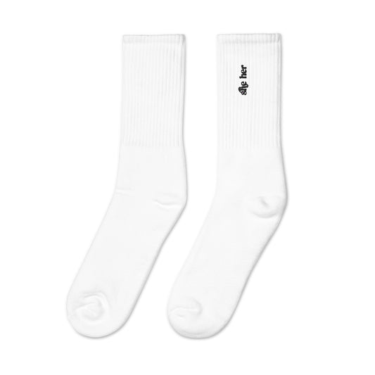 [pronouns] She/Her Embroidered White Socks - Sizes S, M, L, XL