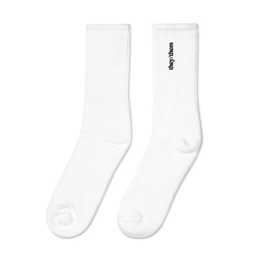 [pronouns] They/Them Embroidered White Socks - Sizes S, M, L, XL
