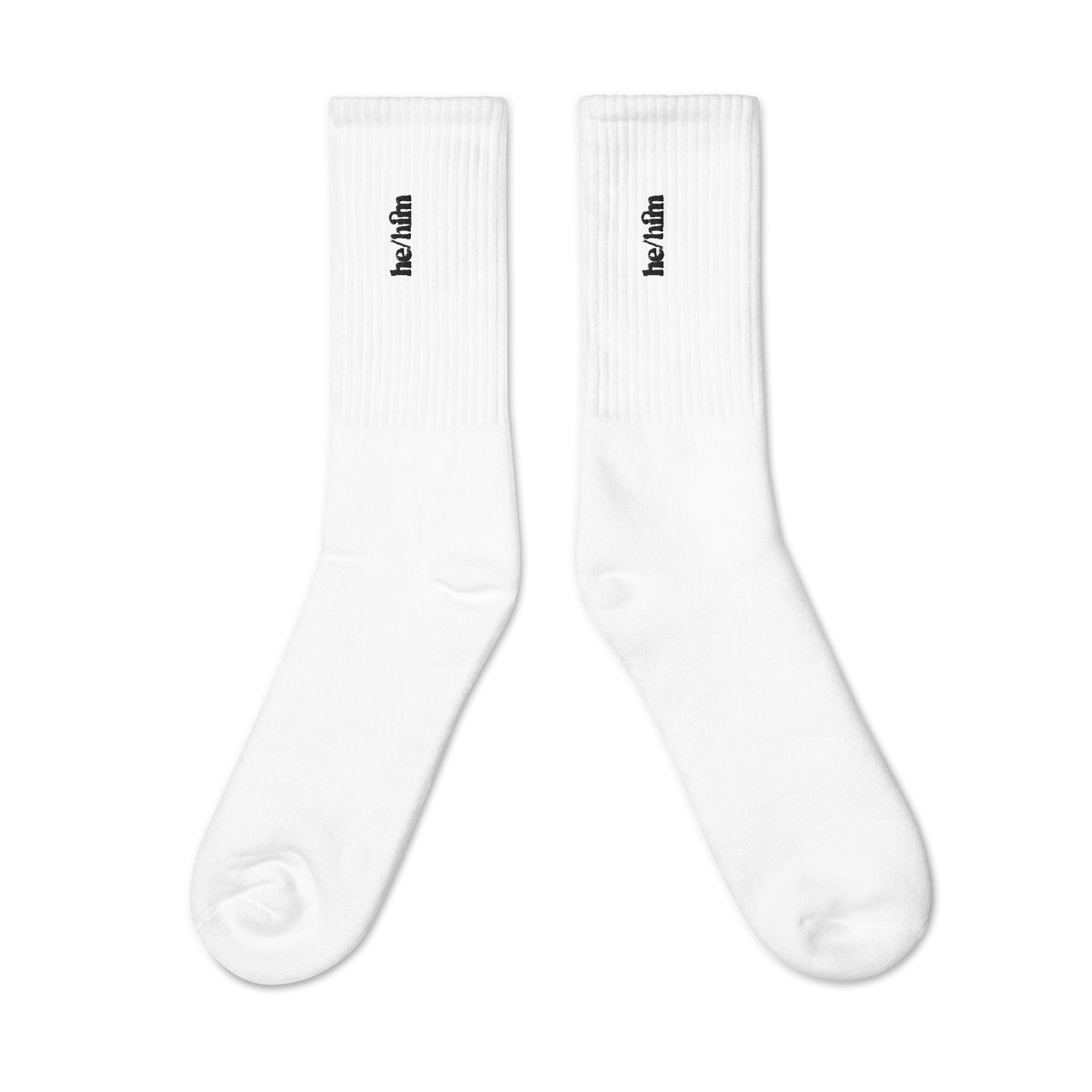 [pronouns] He/Him Embroidered White Socks - Sizes S, M, L, XL