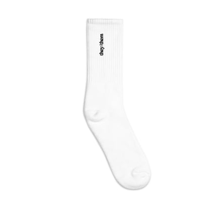 [pronouns] They/Them Embroidered White Socks - Sizes S, M, L, XL