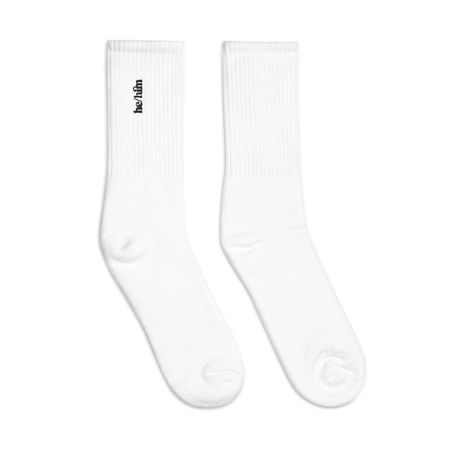 [pronouns] He/Him Embroidered White Socks - Sizes S, M, L, XL