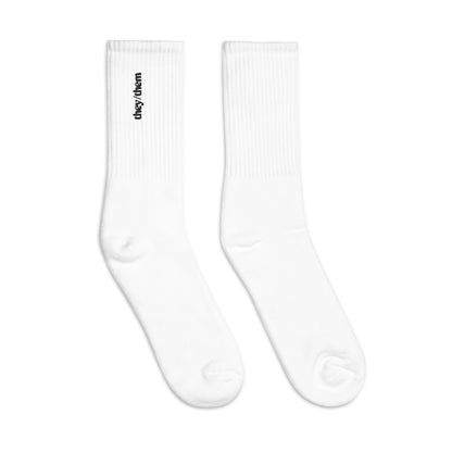 [pronouns] They/Them Embroidered White Socks - Sizes S, M, L, XL