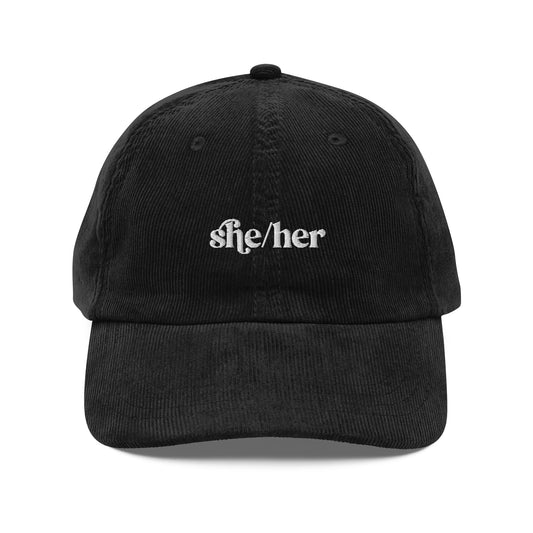 [pronouns] She/Her Organic Cotton Corduroy Cap - Vintage Style, Adjustable, Women's - Sustainable Fashion