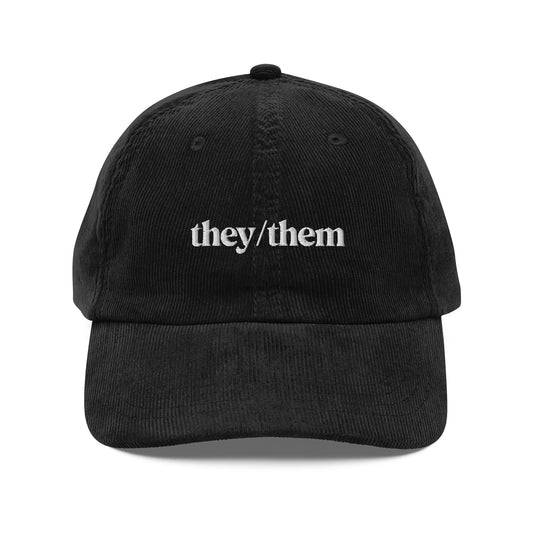 [pronouns] They/Them Organic Cotton Corduroy Cap - Vintage Style, Adjustable, Unisex - Sustainable Fashion (Forest Green, Black, Embroidered)