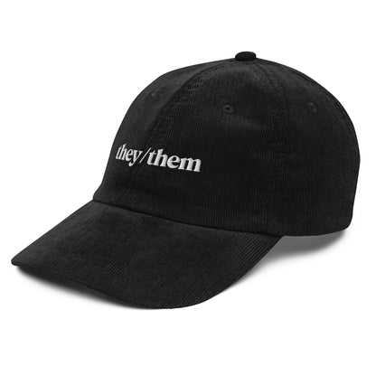 [pronouns] They/Them Organic Cotton Corduroy Cap - Vintage Style, Adjustable, Unisex - Sustainable Fashion (Forest Green, Black, Embroidered)