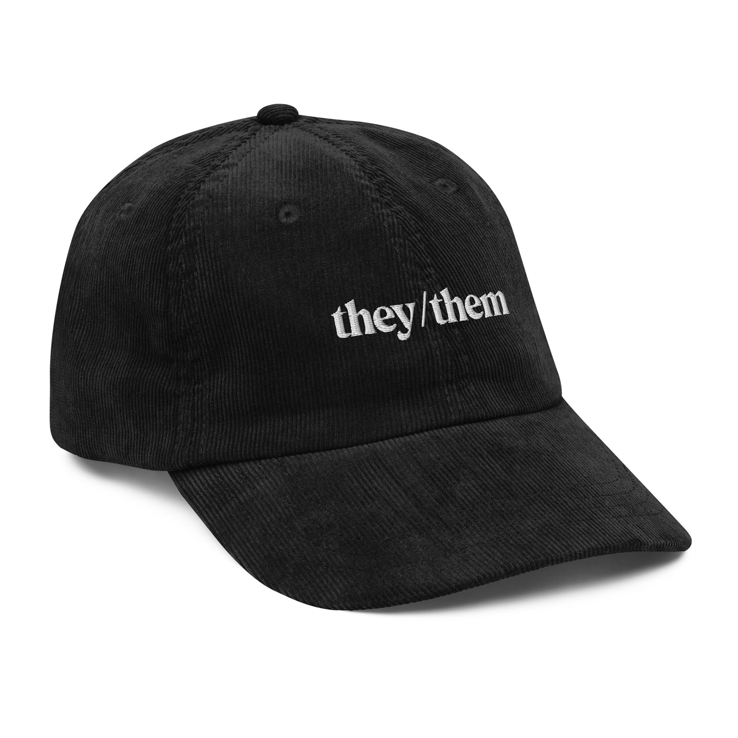 [pronouns] They/Them Organic Cotton Corduroy Cap - Vintage Style, Adjustable, Unisex - Sustainable Fashion (Forest Green, Black, Embroidered)