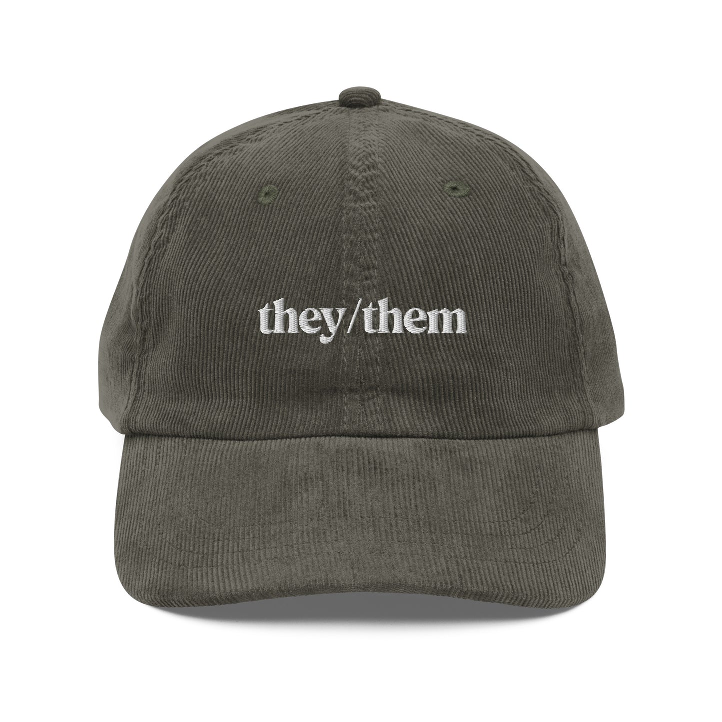 [pronouns] They/Them Organic Cotton Corduroy Cap - Vintage Style, Adjustable, Unisex - Sustainable Fashion (Forest Green, Black, Embroidered)