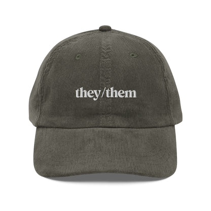 [pronouns] They/Them Organic Cotton Corduroy Cap - Vintage Style, Adjustable, Unisex - Sustainable Fashion (Forest Green, Black, Embroidered)