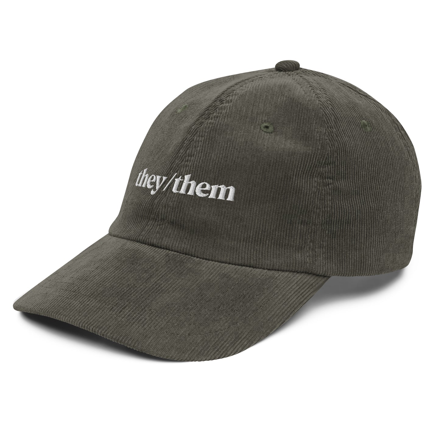 [pronouns] They/Them Organic Cotton Corduroy Cap - Vintage Style, Adjustable, Unisex - Sustainable Fashion (Forest Green, Black, Embroidered)