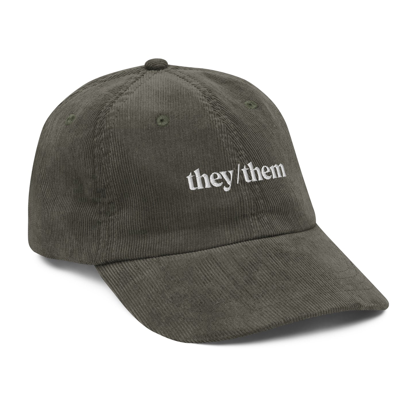 [pronouns] They/Them Organic Cotton Corduroy Cap - Vintage Style, Adjustable, Unisex - Sustainable Fashion (Forest Green, Black, Embroidered)