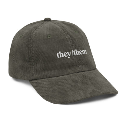 [pronouns] They/Them Organic Cotton Corduroy Cap - Vintage Style, Adjustable, Unisex - Sustainable Fashion (Forest Green, Black, Embroidered)